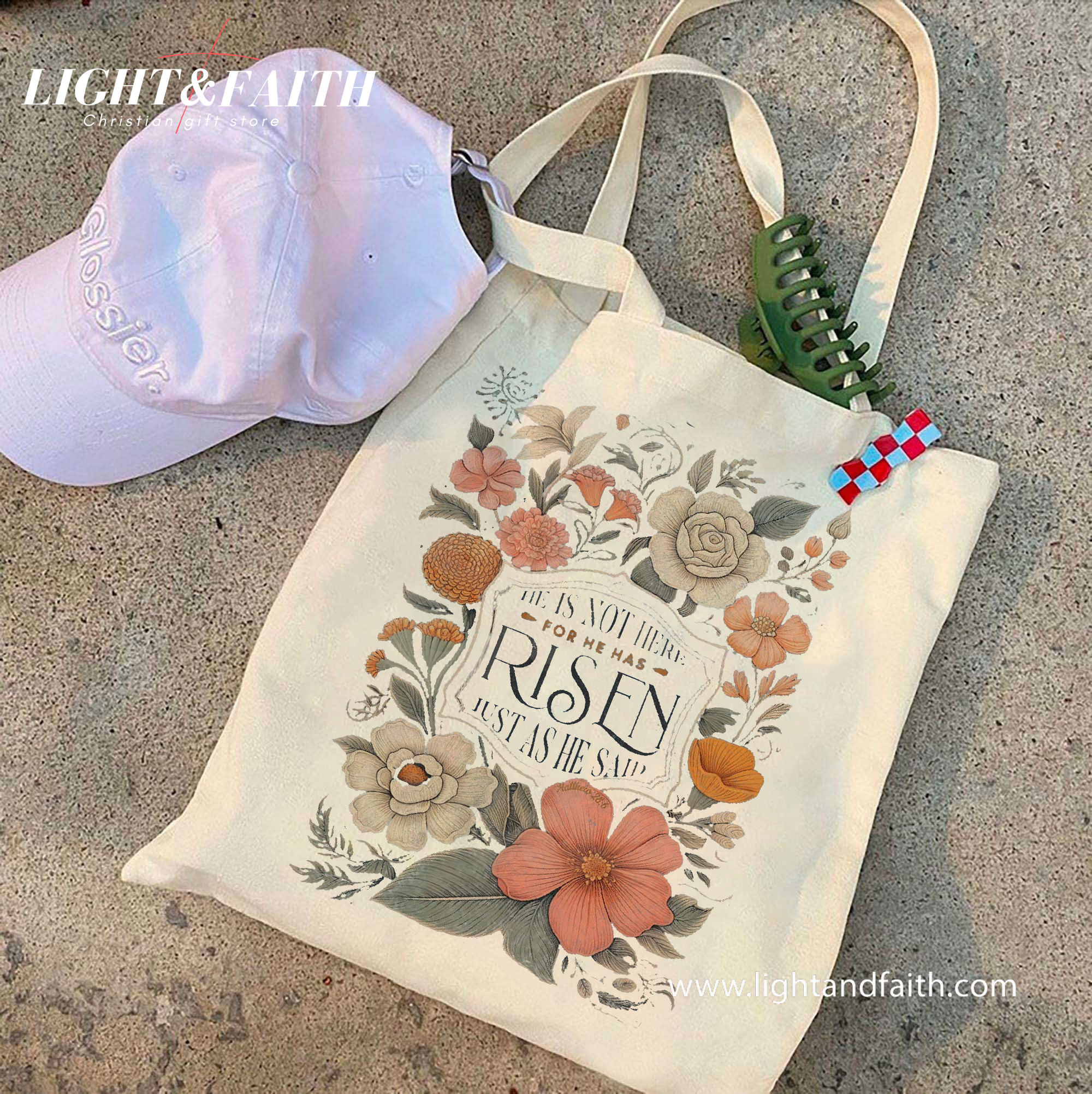 He Is Risen Tote Bag, Christian Floral Easter Tote, Resurrection Canvas Bag, Matthew 28:6 Bible Verse Tote, Faith-Based Gift for Women TBLAF54